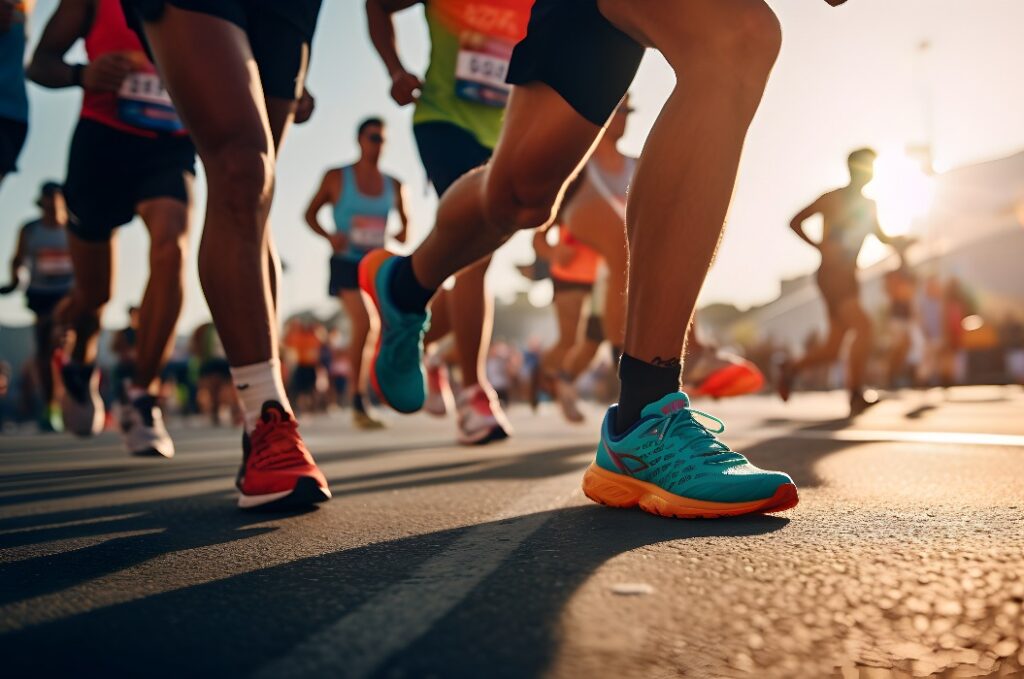 Eine Gruppe von Läufern, die an einem Straßenrennen, einem Marathonlaufwettbewerb, teilnehmen