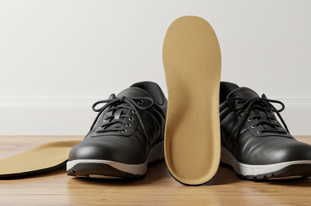 Orthopädische Einlagen in Schuhen auf Holzboden