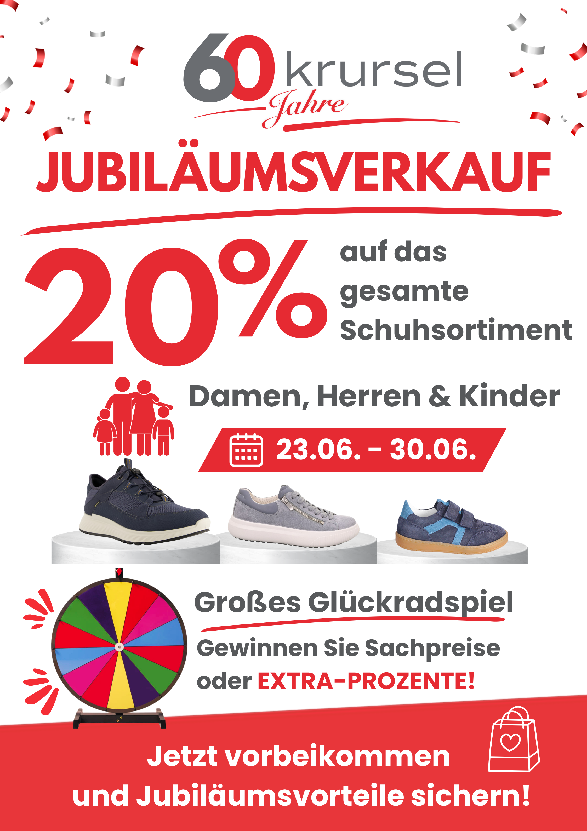 Jubilaeumsverkauf in Rot Weiss mit 20 Prozent und Gluecksradspiel
