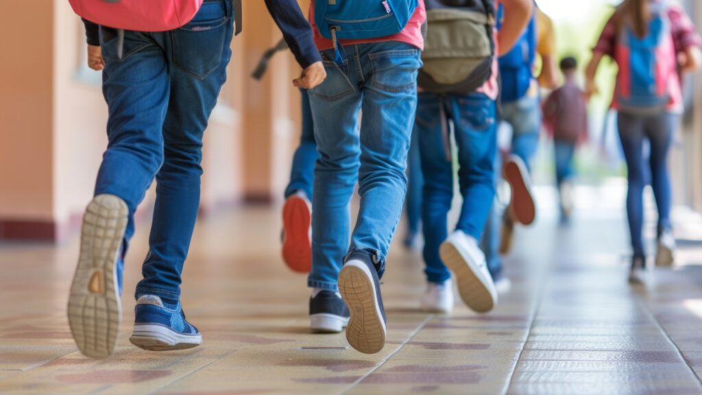 Blick aus der Bodenperspektive auf Kinder, die in einem Schulflur laufen.